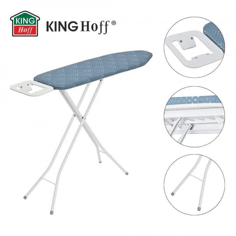 Masă de călcat Kinghoff KH 1938, 107.5x30.5 cm, 4 poziții de reglare, Suport pentru fier de călcat, albastru