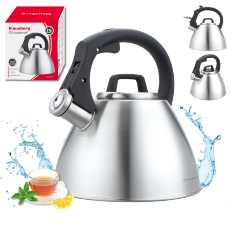 Fierbător fluierător Klausberg KB 7951, 2.5 l, Oțel inoxidabil, Mâner termoizolant, Inducție, Onix mat