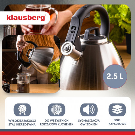 Fierbător fluierător Klausberg KB 7951, 2.5 l, Oțel inoxidabil, Mâner termoizolant, Inducție, Onix mat