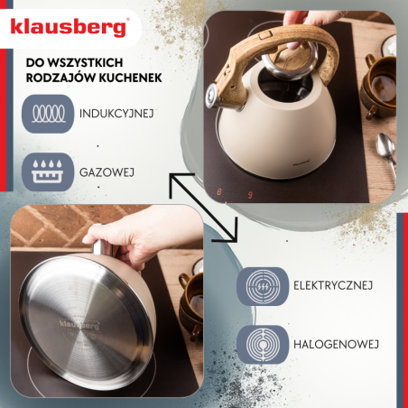 Klausberg KB 7954 Fierbător cu vârtej, 2,5 l, Oțel inoxidabil, Mâner izolat cu efect de lemn, Inducție, Bej/maro