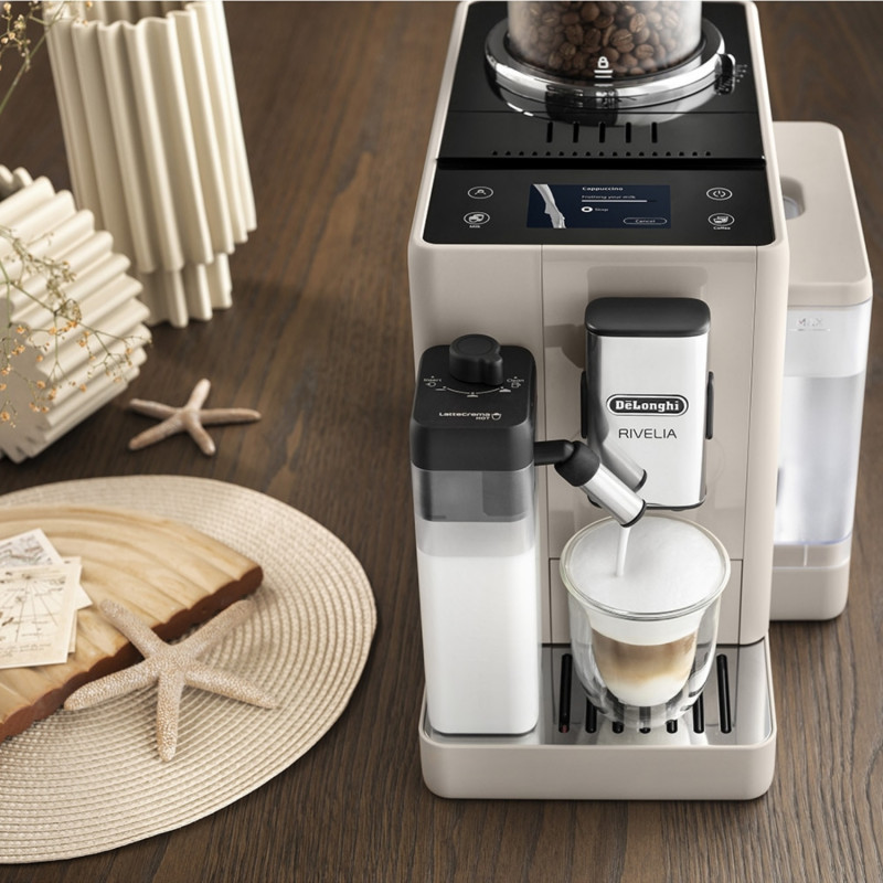 Espressor automat DeLonghi Rivelia Sand Beige EXAM440.55.BG, 1450W, 19 bar, 1.4l, Touchscreen TFT, Twin Shot, Boabe de cafea, LatteCrema Hot, 17 bauturi, Bej
