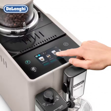 Espressor automat DeLonghi Rivelia Sand Beige EXAM440.55.BG, 1450W, 19 bar, 1.4l, Touchscreen TFT, Twin Shot, Boabe de cafea, LatteCrema Hot, 17 bauturi, Bej