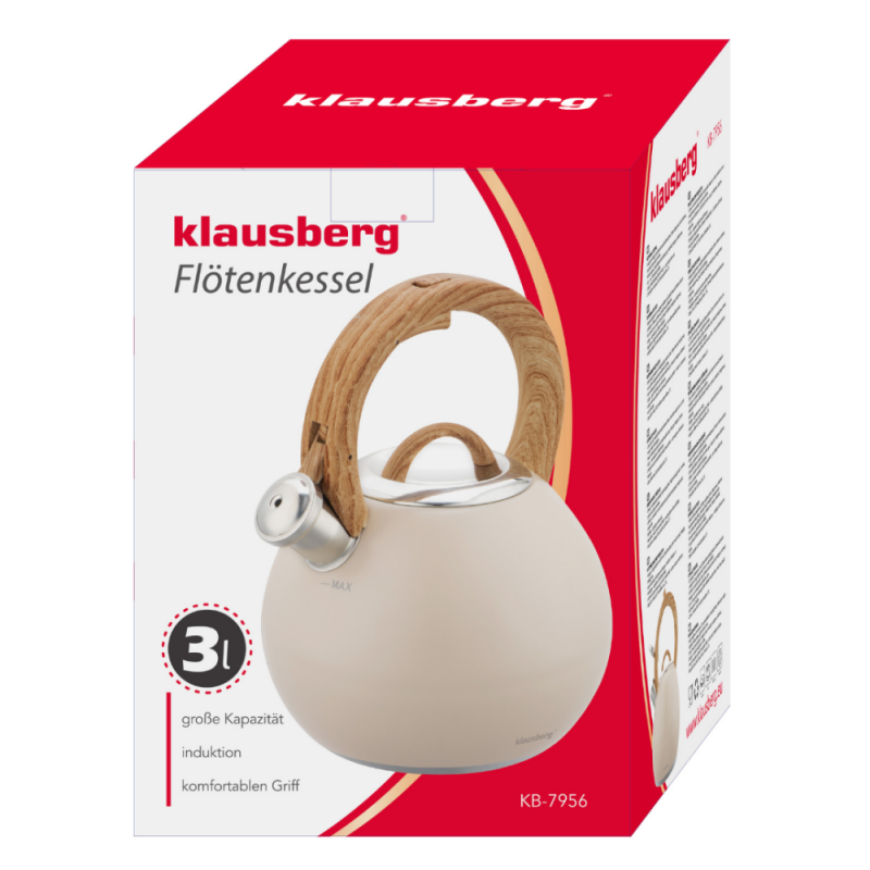 Fierbător fluierător Klausberg KB 7956, 3l, Mâner termoizolat, Fund multistrat, Inducție, Bej
