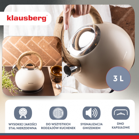 Fierbător fluierător Klausberg KB 7956, 3l, Mâner termoizolat, Fund multistrat, Inducție, Bej