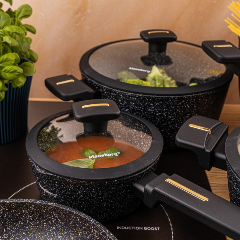 Set de oale și tigăi Klausberg KB 7966, 12 bucăți, Turnat, Acoperire antiaderentă din marmură, Inducție, Negru