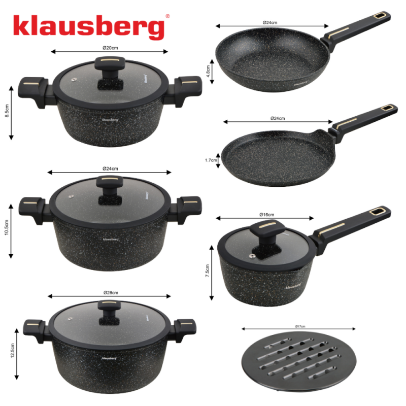 Set de oale și tigăi Klausberg KB 7966, 12 bucăți, Turnat, Acoperire antiaderentă din marmură, Inducție, Negru
