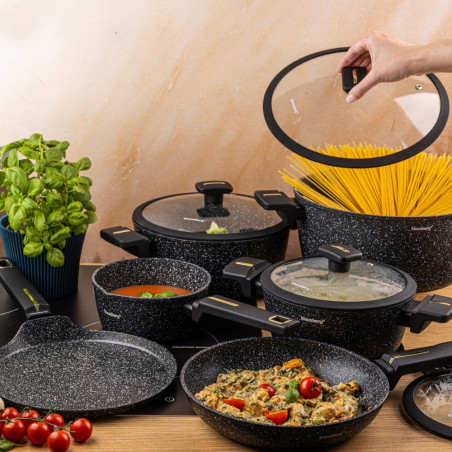 Set de oale și tigăi Klausberg KB 7966, 12 bucăți, Turnat, Acoperire antiaderentă din marmură, Inducție, Negru