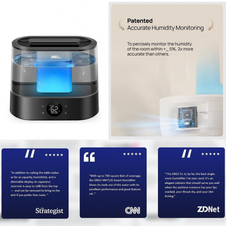 Umidificator cu ultrasunete DREO 420S, până la 25 m², 300 ml/h, 4 L, control automat, mod nocturn, temporizator, LED, negru