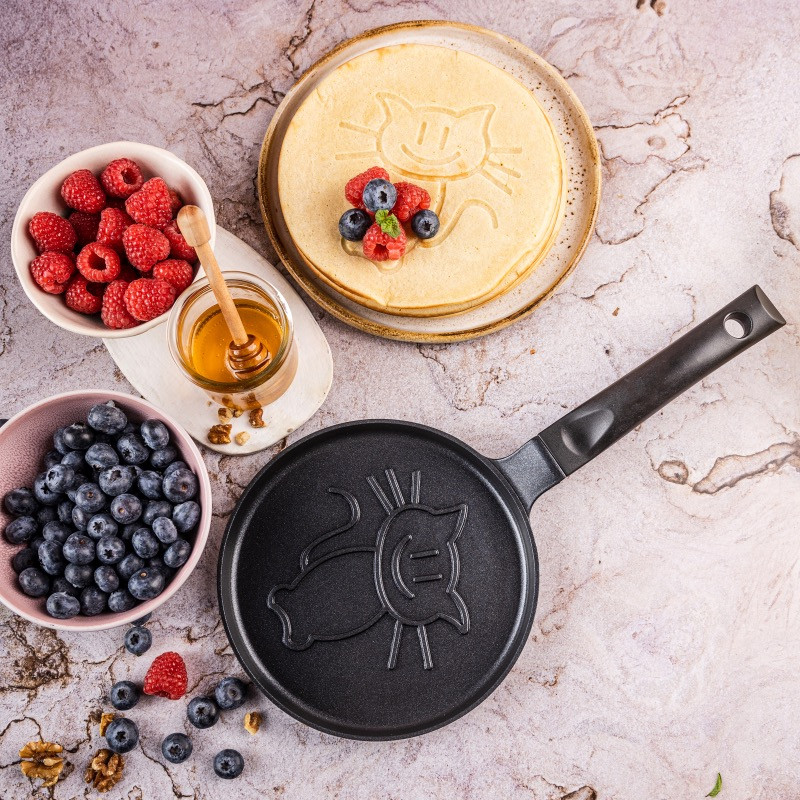 Plită pentru clătite Klausberg KB 7973, 18 cm, Fund în relief cu pisicuță, Acoperire antiaderentă, fără PFOA, Inducție, Negru