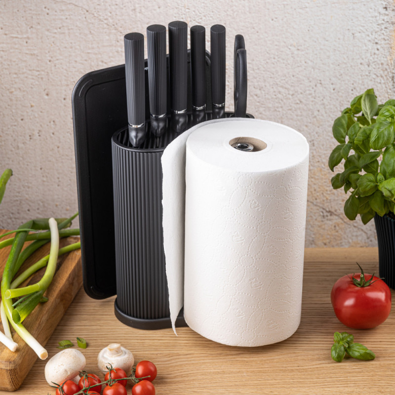 Set cuțite Klausberg KB 7977, 8 piese, Oțel inoxidabil, Suport, Suport hârtie de bucătărie, Negru