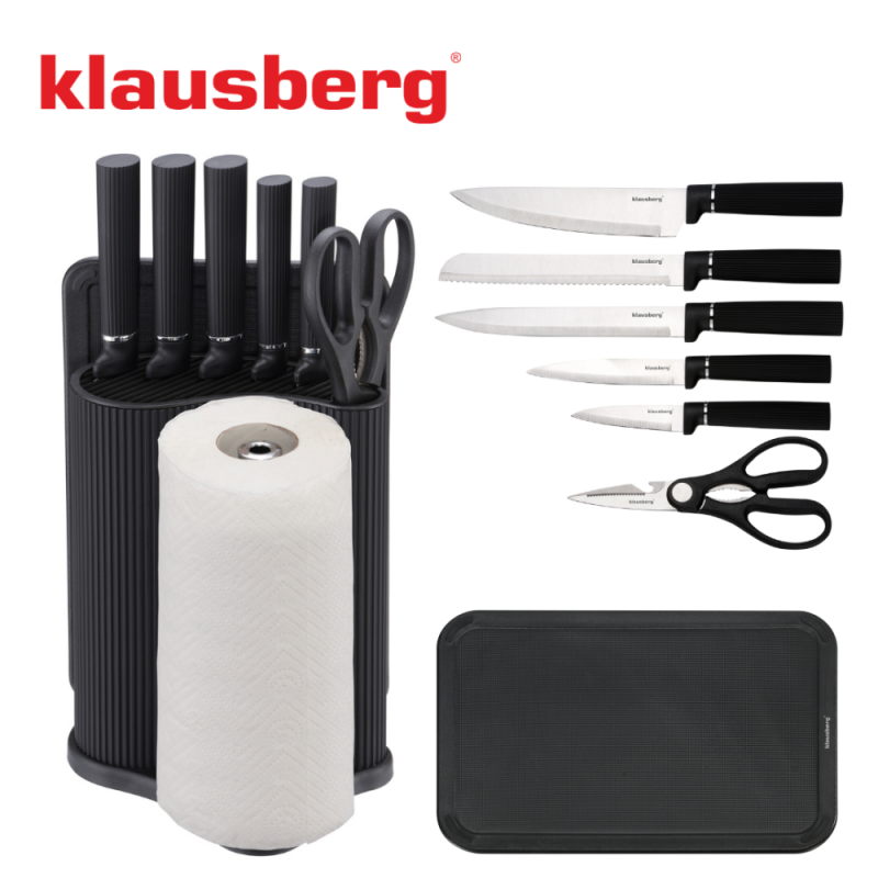 Set cuțite Klausberg KB 7977, 8 piese, Oțel inoxidabil, Suport, Suport hârtie de bucătărie, Negru