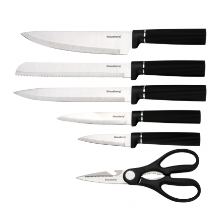 Set cuțite Klausberg KB 7977, 8 piese, Oțel inoxidabil, Suport, Suport hârtie de bucătărie, Negru