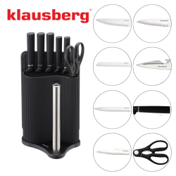 Set cuțite Klausberg KB 7977, 8 piese, Oțel inoxidabil, Suport, Suport hârtie de bucătărie, Negru