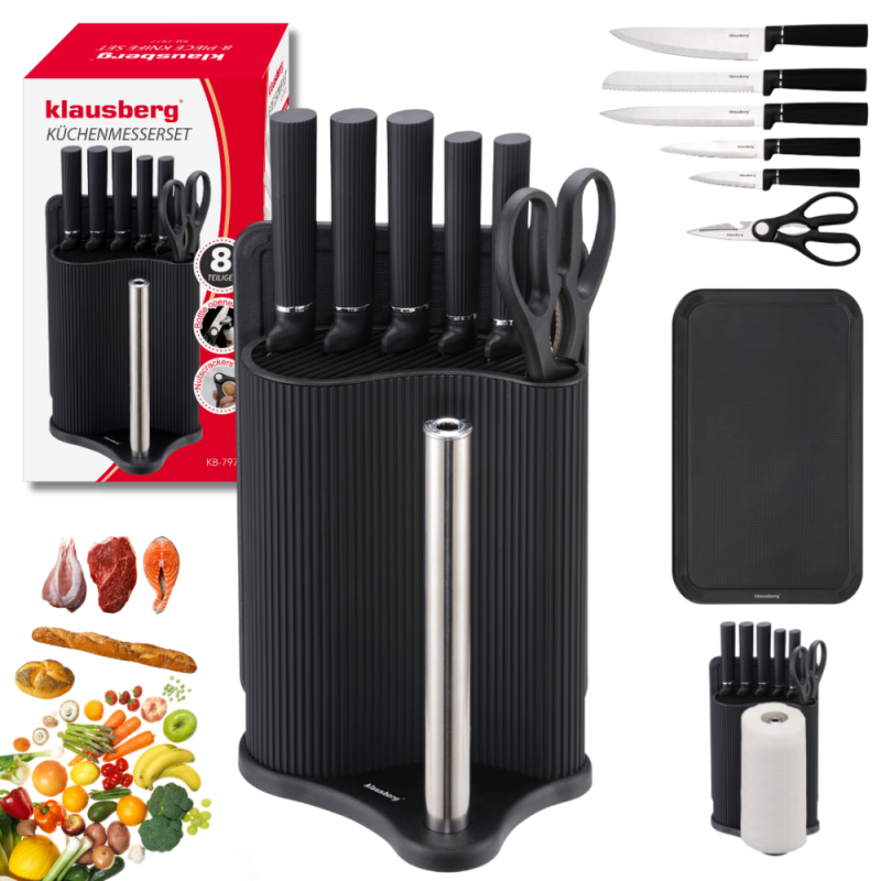 Set cuțite Klausberg KB 7977, 8 piese, Oțel inoxidabil, Suport, Suport hârtie de bucătărie, Negru
