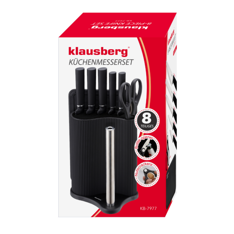 Set cuțite Klausberg KB 7977, 8 piese, Oțel inoxidabil, Suport, Suport hârtie de bucătărie, Negru