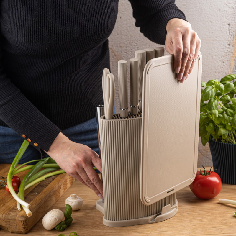 Set cuțite Klausberg KB 7978, 8 piese, Oțel inoxidabil, Suport, Suport hârtie de bucătărie, Bej