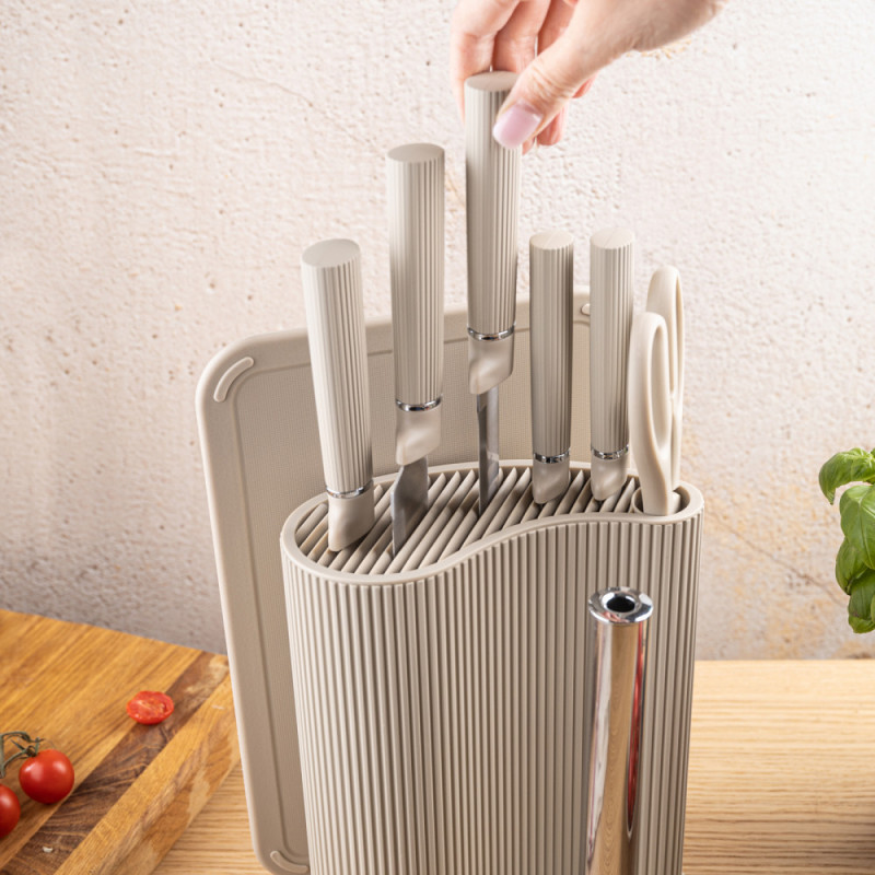 Set cuțite Klausberg KB 7978, 8 piese, Oțel inoxidabil, Suport, Suport hârtie de bucătărie, Bej