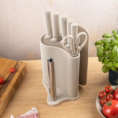 Set cuțite Klausberg KB 7978, 8 piese, Oțel inoxidabil, Suport, Suport hârtie de bucătărie, Bej