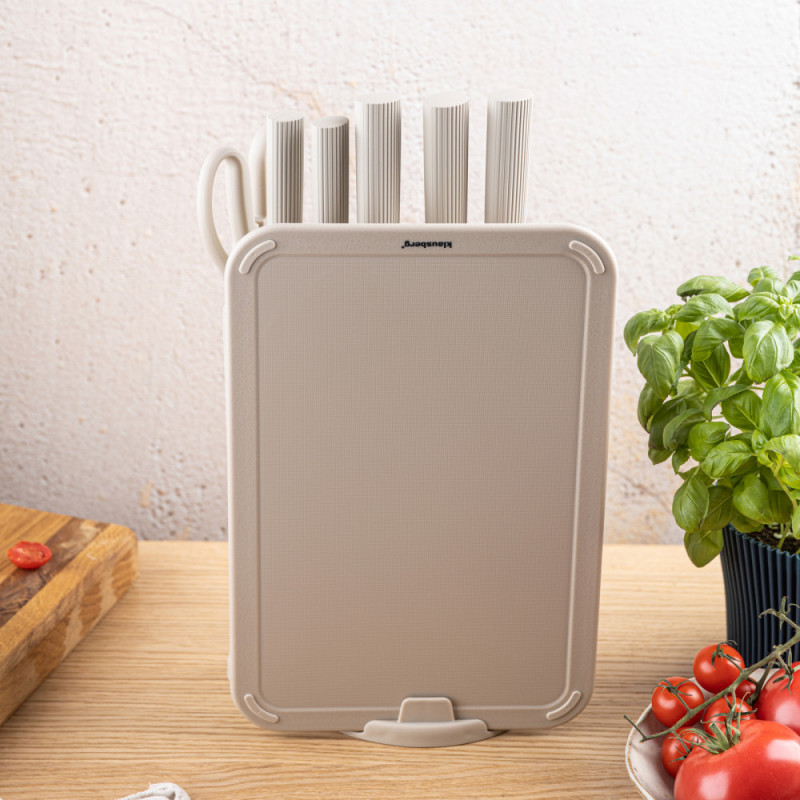 Set cuțite Klausberg KB 7978, 8 piese, Oțel inoxidabil, Suport, Suport hârtie de bucătărie, Bej