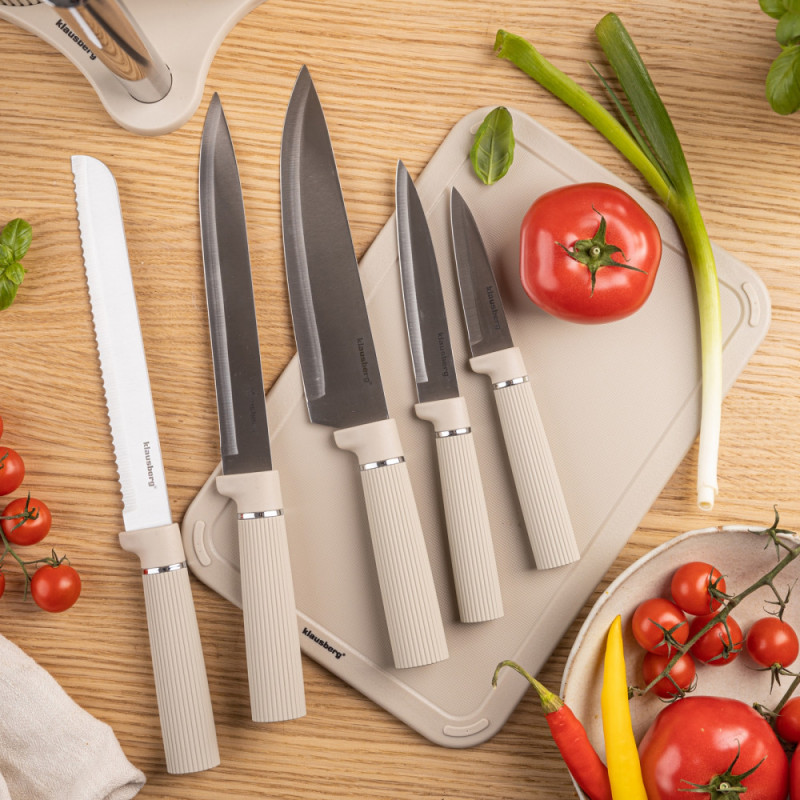 Set cuțite Klausberg KB 7978, 8 piese, Oțel inoxidabil, Suport, Suport hârtie de bucătărie, Bej