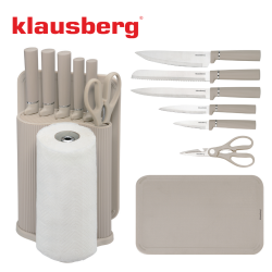 Set cuțite Klausberg KB 7978, 8 piese, Oțel inoxidabil, Suport, Suport hârtie de bucătărie, Bej