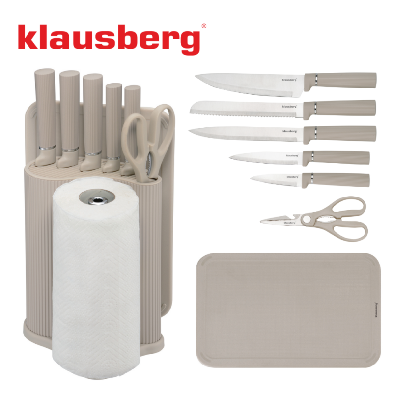 Set cuțite Klausberg KB 7978, 8 piese, Oțel inoxidabil, Suport, Suport hârtie de bucătărie, Bej