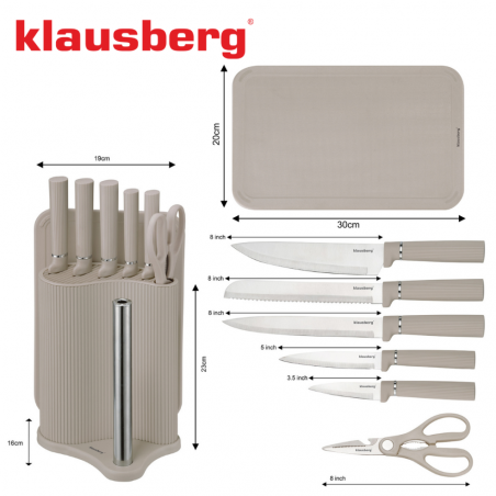Set cuțite Klausberg KB 7978, 8 piese, Oțel inoxidabil, Suport, Suport hârtie de bucătărie, Bej