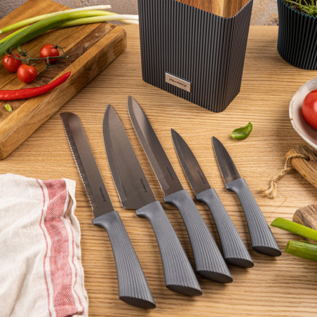 Set cuțite Klausberg KB 7979, 6 piese, Oțel inoxidabil, Suport, Grafit/maro
