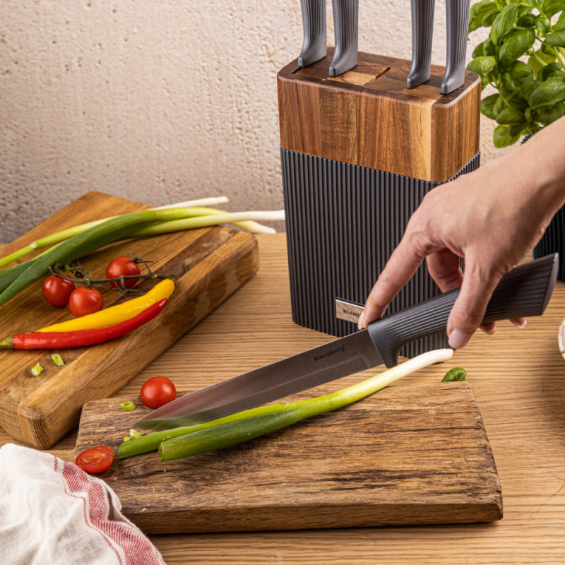 Set cuțite Klausberg KB 7979, 6 piese, Oțel inoxidabil, Suport, Grafit/maro