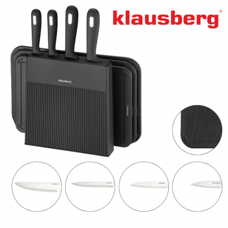 Klausberg KB 7980 set cuțit și placă de tăiat, 8 piese, Oțel inoxidabil, Suport, Negru/inox