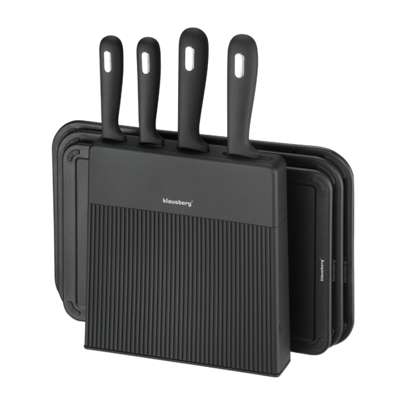 Klausberg KB 7980 set cuțit și placă de tăiat, 8 piese, Oțel inoxidabil, Suport, Negru/inox