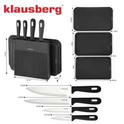Klausberg KB 7980 set cuțit și placă de tăiat, 8 piese, Oțel inoxidabil, Suport, Negru/inox
