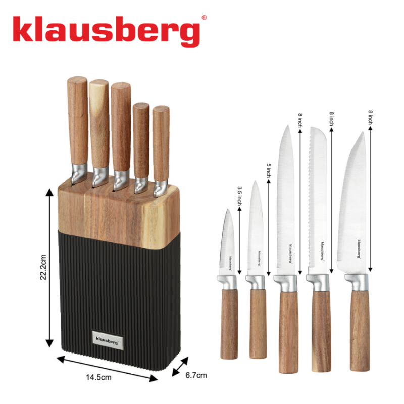 Set cuțite Klausberg KB 7981, 6 piese, Oțel inoxidabil, Suport, Maro/grafit