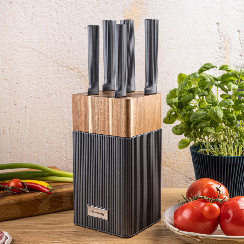 Set cuțite Klausberg KB 7982, 6 piese, Oțel inoxidabil, Mâner lemn de salcâm, Grafit/maro