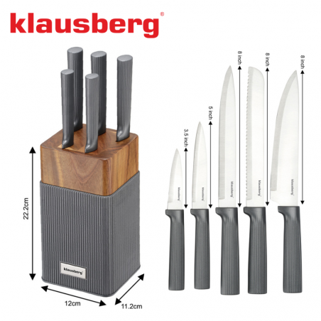 Set cuțite Klausberg KB 7982, 6 piese, Oțel inoxidabil, Mâner lemn de salcâm, Grafit/maro