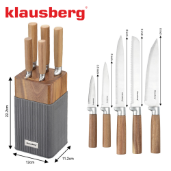 Set cuțite Klausberg KB 7983, 6 piese, Oțel inoxidabil, Mâner lemn de salcâm, Maro/grafit