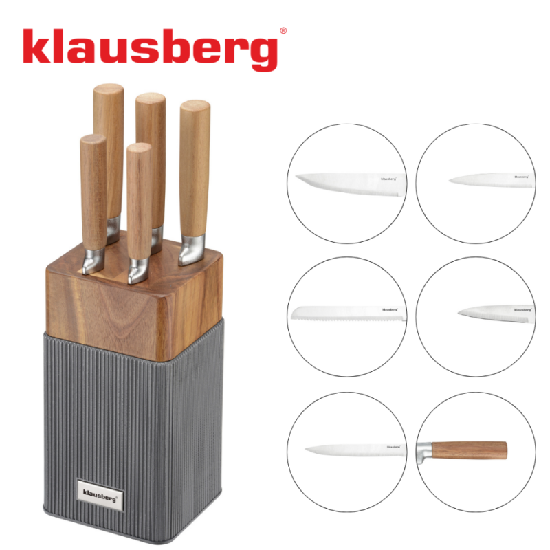 Set cuțite Klausberg KB 7983, 6 piese, Oțel inoxidabil, Mâner lemn de salcâm, Maro/grafit