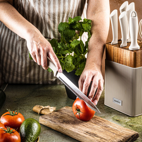 Set cuțite Klausberg KB 7984, 8 piese, Oțel inoxidabil, Ascuțitor, Mâner lemn de salcâm, Bej/lemn