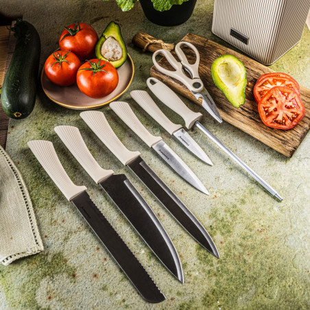 Set cuțite Klausberg KB 7984, 8 piese, Oțel inoxidabil, Ascuțitor, Mâner lemn de salcâm, Bej/lemn