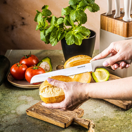 Set cuțite Klausberg KB 7984, 8 piese, Oțel inoxidabil, Ascuțitor, Mâner lemn de salcâm, Bej/lemn