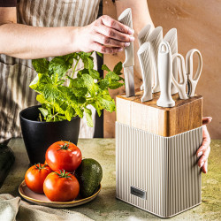 Set cuțite Klausberg KB 7984, 8 piese, Oțel inoxidabil, Ascuțitor, Mâner lemn de salcâm, Bej/lemn