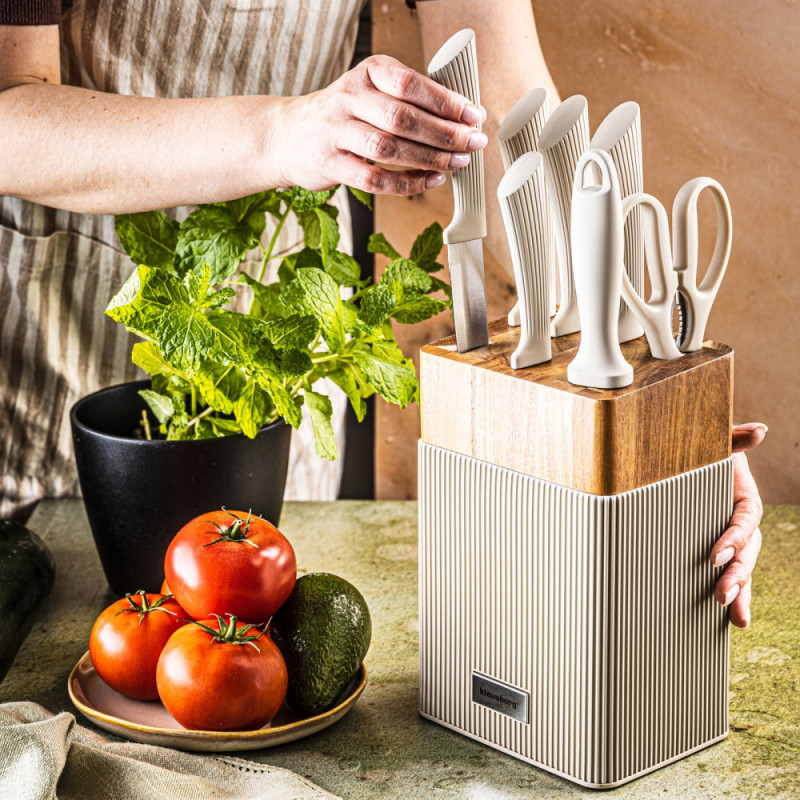 Set cuțite Klausberg KB 7984, 8 piese, Oțel inoxidabil, Ascuțitor, Mâner lemn de salcâm, Bej/lemn