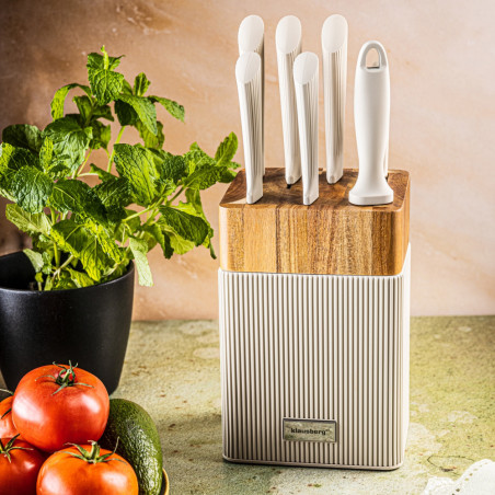 Set cuțite Klausberg KB 7984, 8 piese, Oțel inoxidabil, Ascuțitor, Mâner lemn de salcâm, Bej/lemn