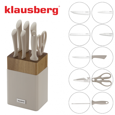 Set cuțite Klausberg KB 7984, 8 piese, Oțel inoxidabil, Ascuțitor, Mâner lemn de salcâm, Bej/lemn