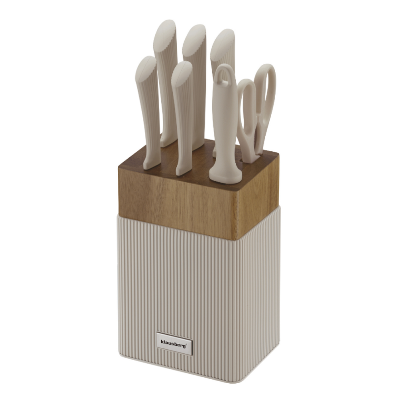 Set cuțite Klausberg KB 7984, 8 piese, Oțel inoxidabil, Ascuțitor, Mâner lemn de salcâm, Bej/lemn