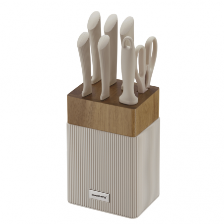 Set cuțite Klausberg KB 7984, 8 piese, Oțel inoxidabil, Ascuțitor, Mâner lemn de salcâm, Bej/lemn