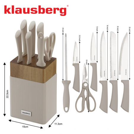 Set cuțite Klausberg KB 7984, 8 piese, Oțel inoxidabil, Ascuțitor, Mâner lemn de salcâm, Bej/lemn