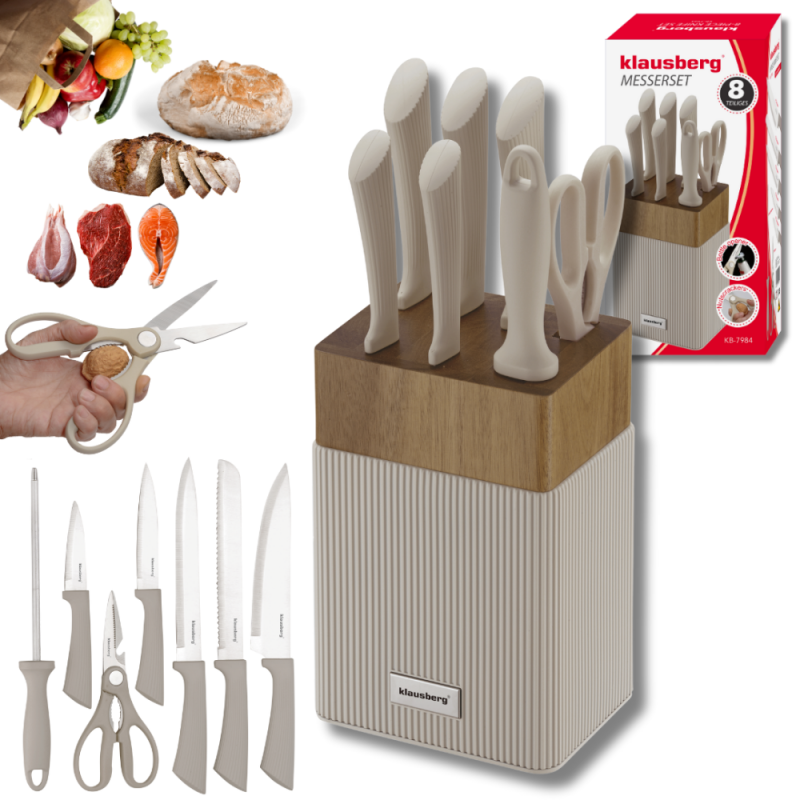Set cuțite Klausberg KB 7984, 8 piese, Oțel inoxidabil, Ascuțitor, Mâner lemn de salcâm, Bej/lemn