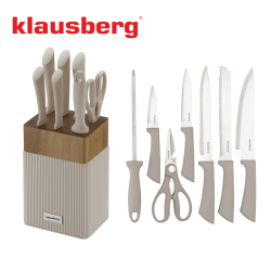 Set cuțite Klausberg KB 7984, 8 piese, Oțel inoxidabil, Ascuțitor, Mâner lemn de salcâm, Bej/lemn