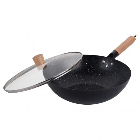 Kinghoff KH 1984 wok, 30 cm, Capac din sticlă cu gaură pentru abur, Finisaj marmură, Inducție, Negru